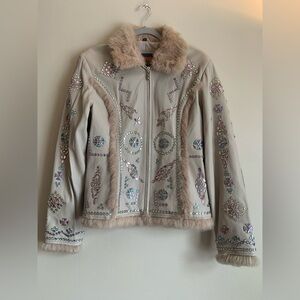 Cripple Creek Bedazzled Leather Beige Jacket Coat Women Size Large Faux Fur